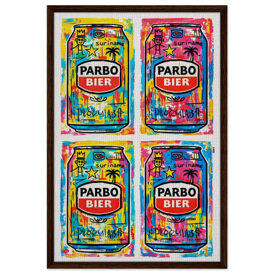 Tastes Like Home framed pop-art canvas, Warhol-style Parbo Bier can in dark wood frame, four-panel design