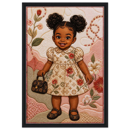 Little Luxe Black Girl Framed Canvas Quilted-Style Textile-Inspired