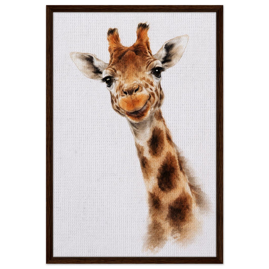 Watercolor-style giraffe portrait showing the head and neck facing forward, with ears, ossicones, and brown spots, on a light textured background inside a dark brown frame.