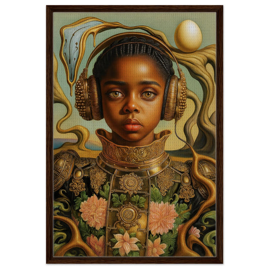 Salvador Blooming Warrior framed canvas, surreal floral portrait of a Black warrior in gold armor, black wood frame.