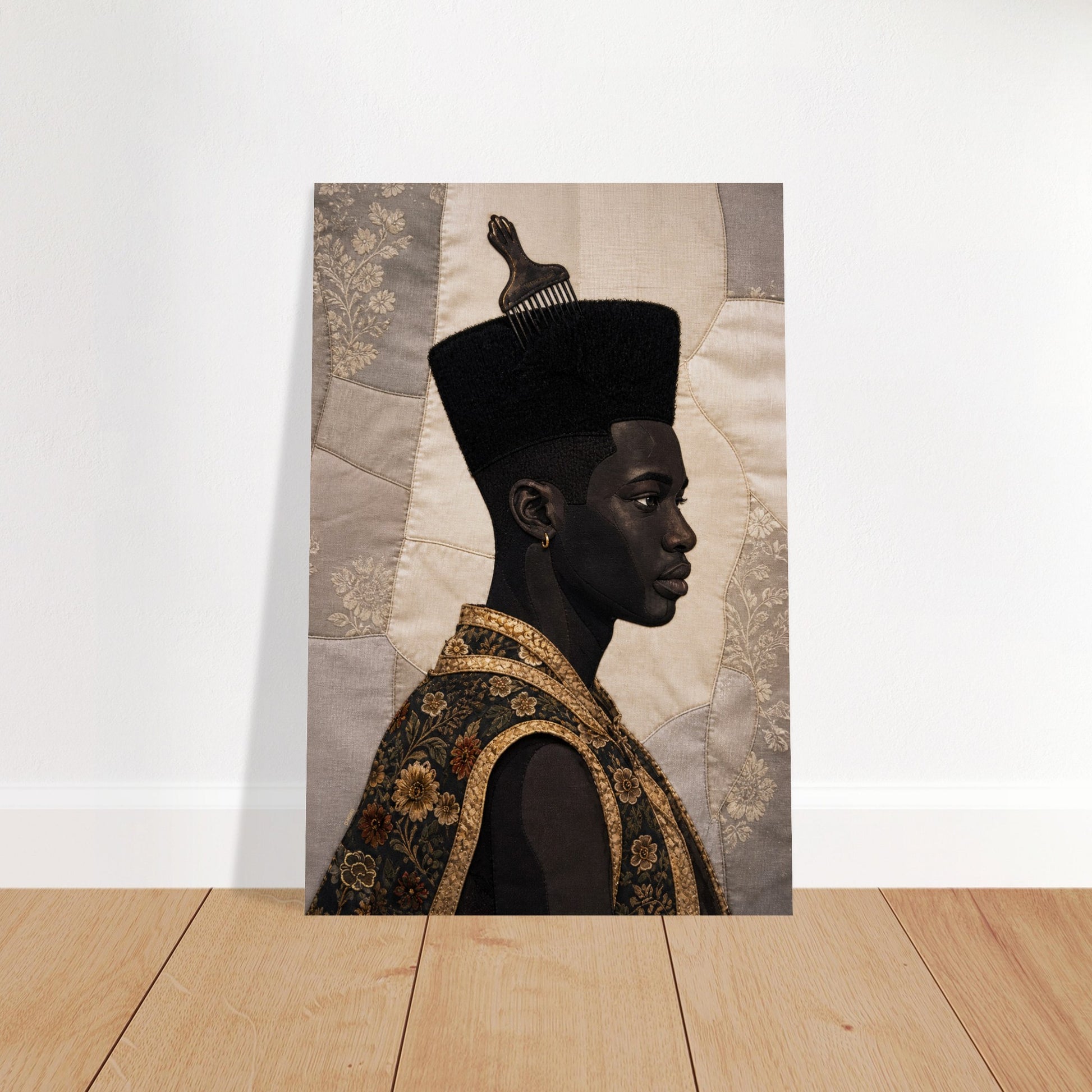 Black Man Afro Quilt Motif Matte Paper Poster in Bisa Butler Style