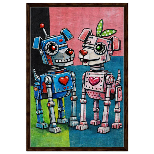 Built to Love You framed canvas with retro robot and dog, bold color-block hearts in naive pop style
