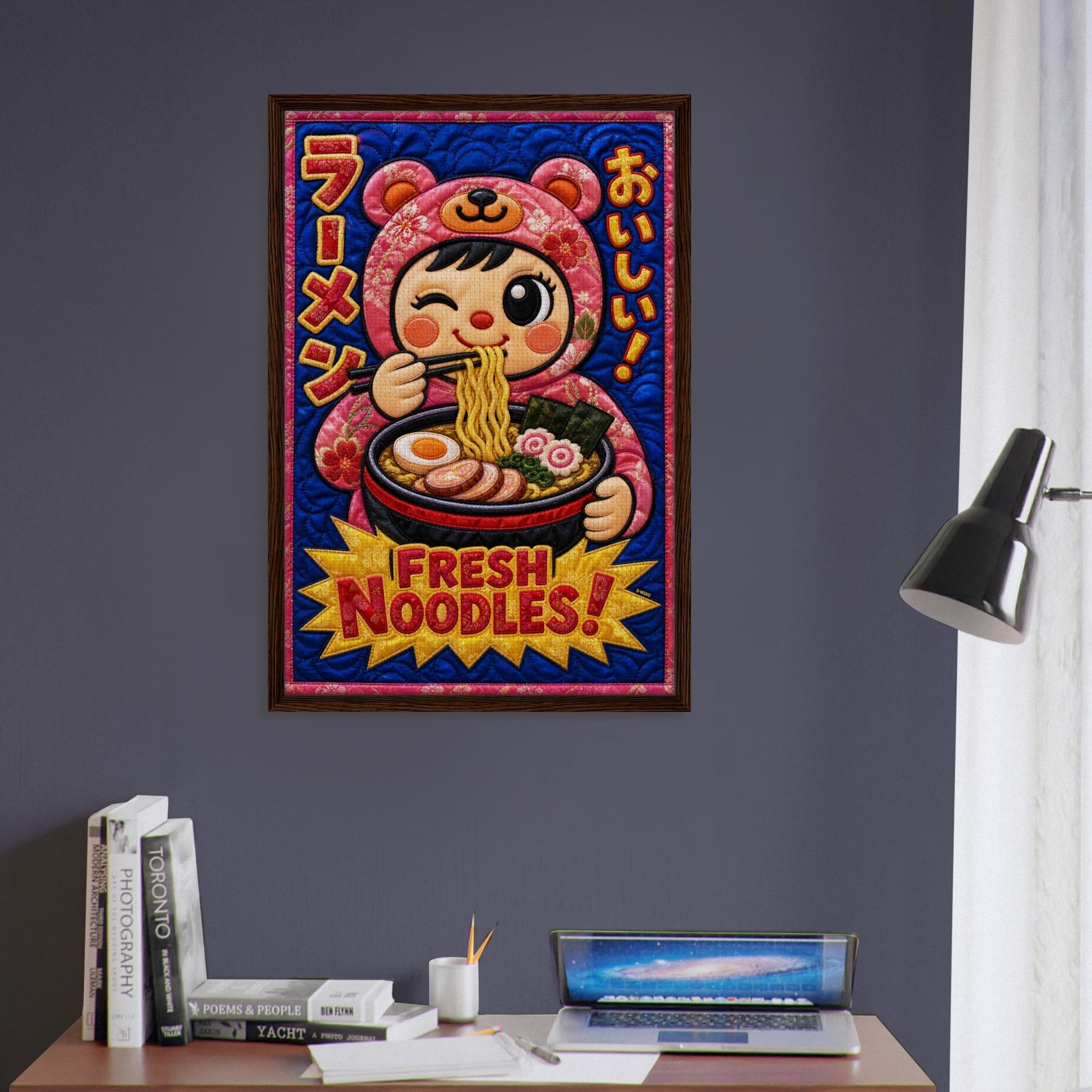 Fresh Noodles Framed Canvas Quilt-Inspired Kawaii-Style