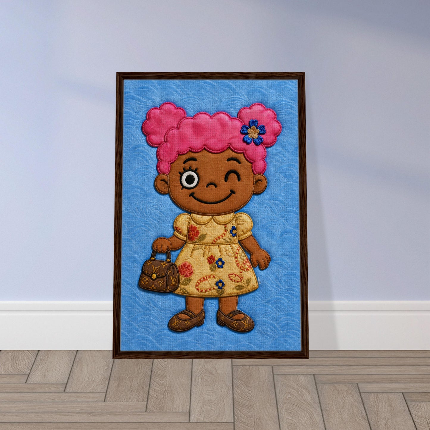 Pink Pigtails Framed Canvas Quilted-Style Kawaii-Style - Pop Art