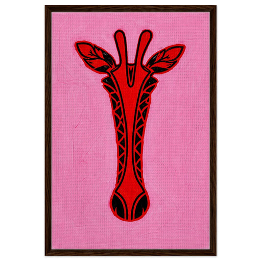 Crimson giraffe pop-art portrait on textured canvas, framed in a wood frame, vertical wall art