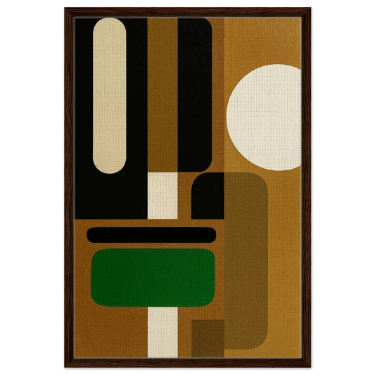 Golden geometry framed canvas print with Bauhaus-style rounded rectangles, sun circle, green accent, dark wood frame