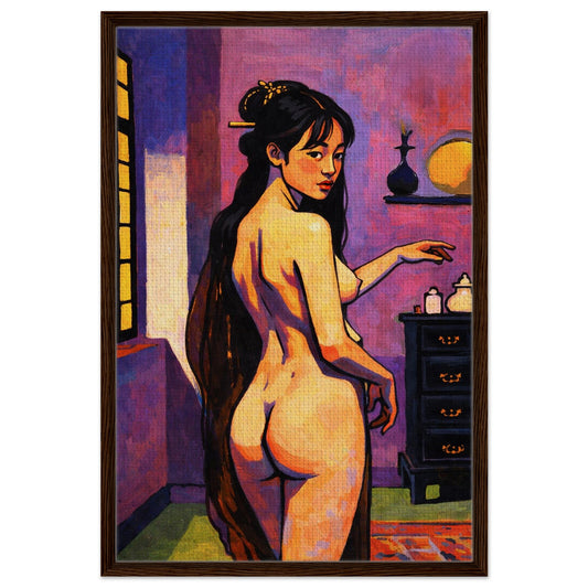 Ukiyo-e style portrait with moonlight behind her, framed in black wood on textured canvas, vertical wall art