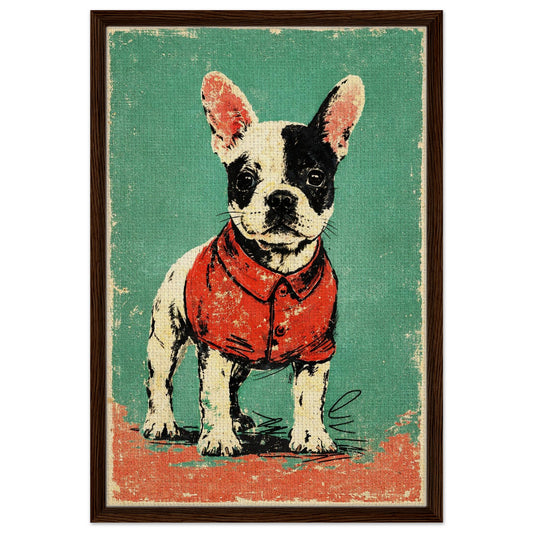 French bulldog portrait of loyalty in pop art on a vintage-distressed framed canvas, turquoise background, black wood frame