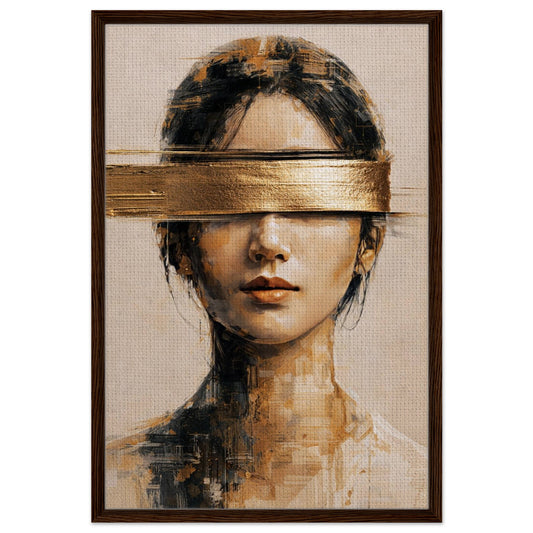 What Cannot Be Seen framed canvas, abstract portrait with gold band over eyes in matte black wood frame, vertical.