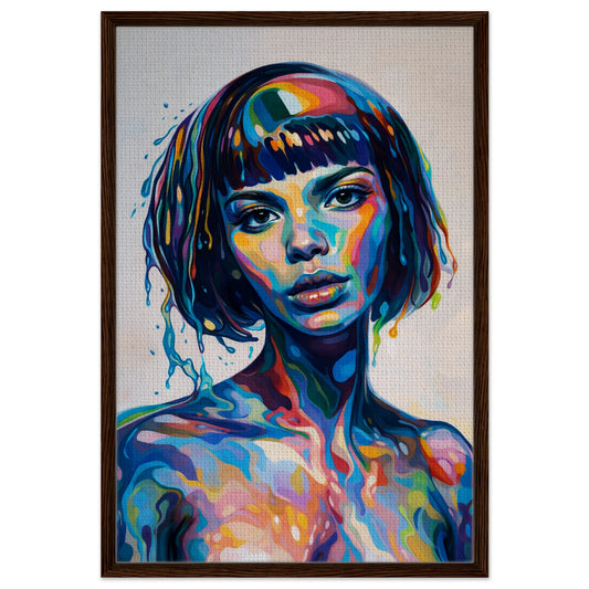 She Holds the Spectrum framed canvas portrait in a black frame, colorful pop art with drip effect