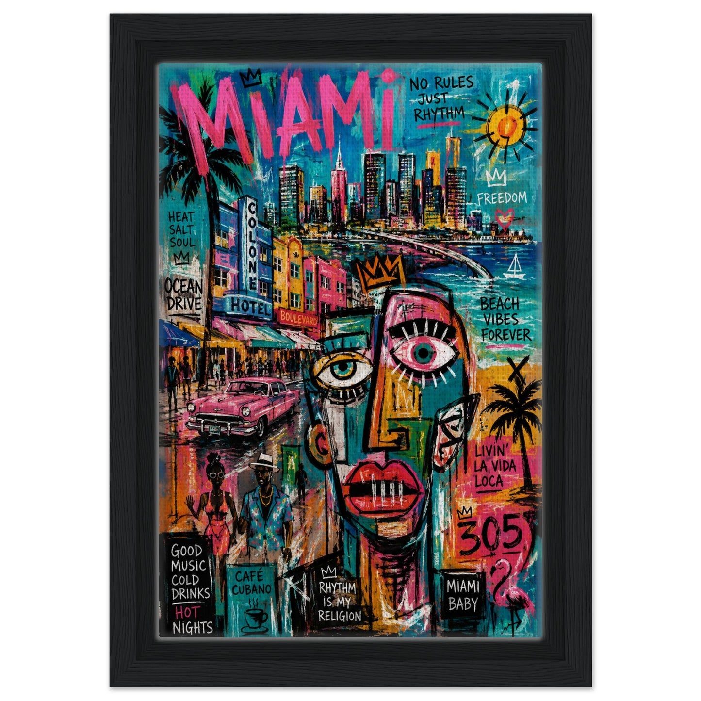 Miami Rhythm 305 Framed Canvas Neon-Graffiti Urban-Pop - Neo-Pop Style
