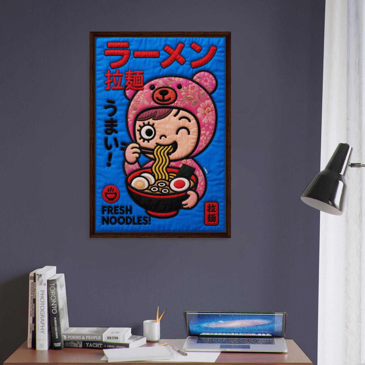 Kawaii Ramen Bear Framed Canvas Quilt-Inspired Pop-Art