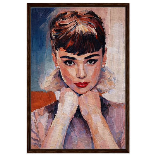 Quiet icon female portrait in impasto on framed canvas, palette-knife texture, dark wood frame, vertical orientation.