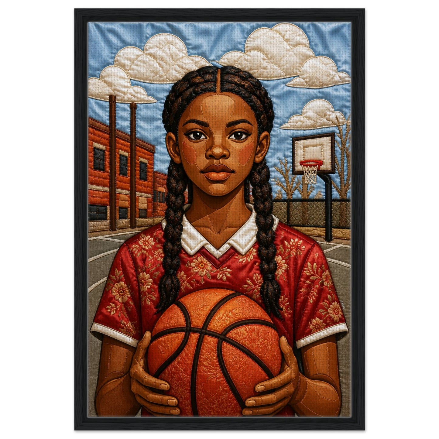 Museum-quality matte poster of quilt-inspired Black girl basketball