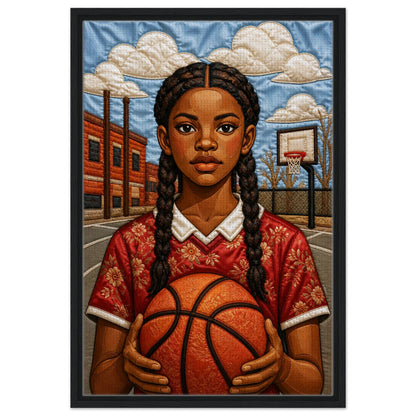 Museum-quality matte poster of quilt-inspired Black girl basketball