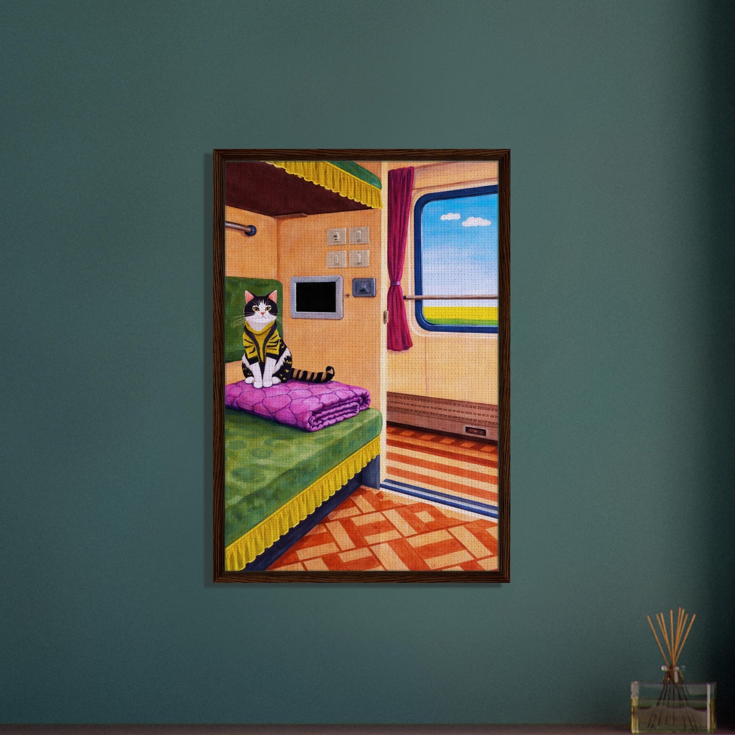 Cat on Train Framed Canvas Retro-Whimsical - Mid-Century Style