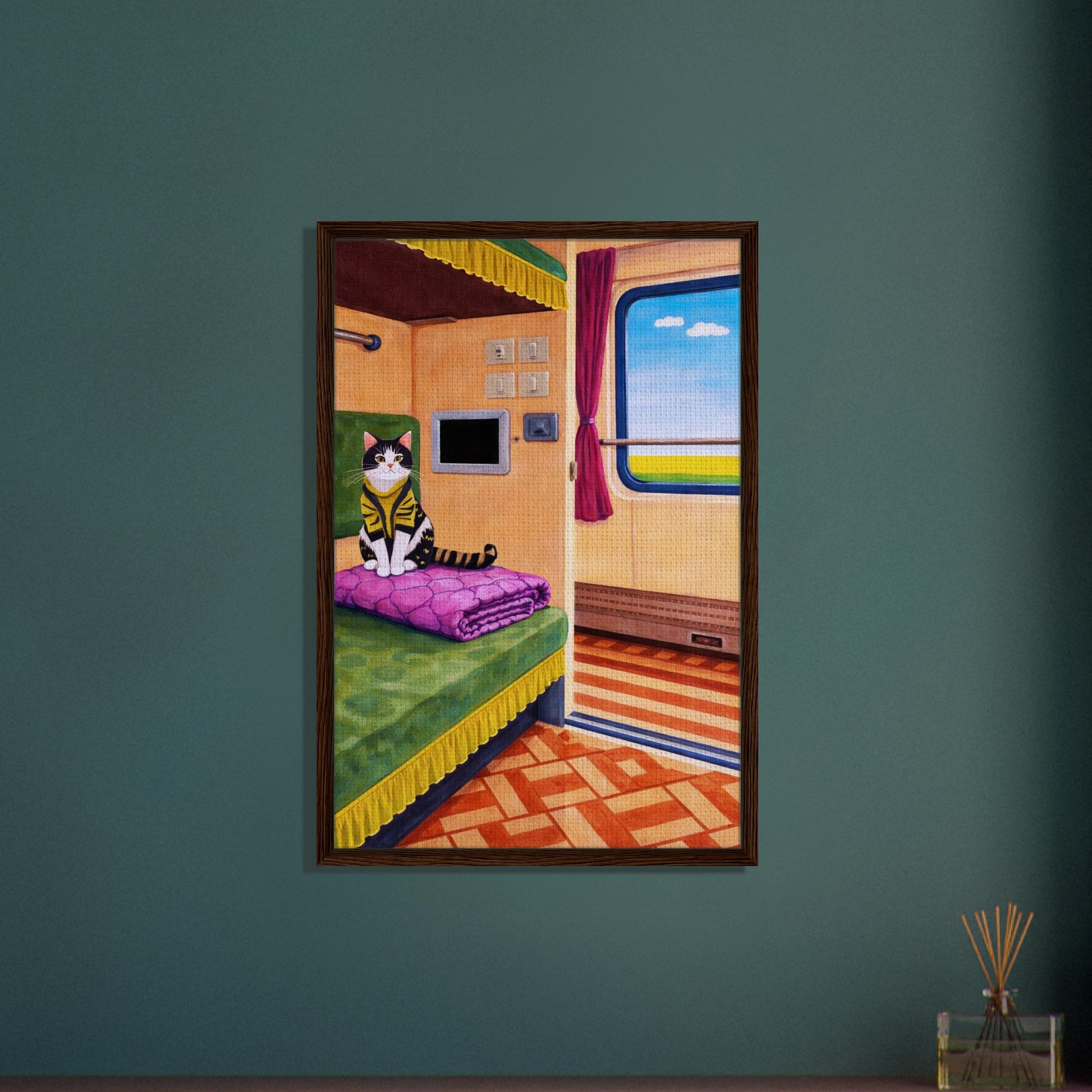 Cat on Train Framed Canvas Retro-Whimsical - Mid-Century Style
