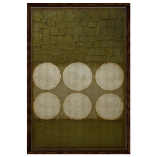 Wabi-Sabi Circles framed canvas with six cream circles on olive-green textured background, dark wood frame, living room wall 