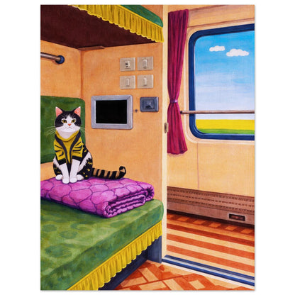 Cat on Train Matte Paper Poster Pop-Art - Mid-Century Travel
