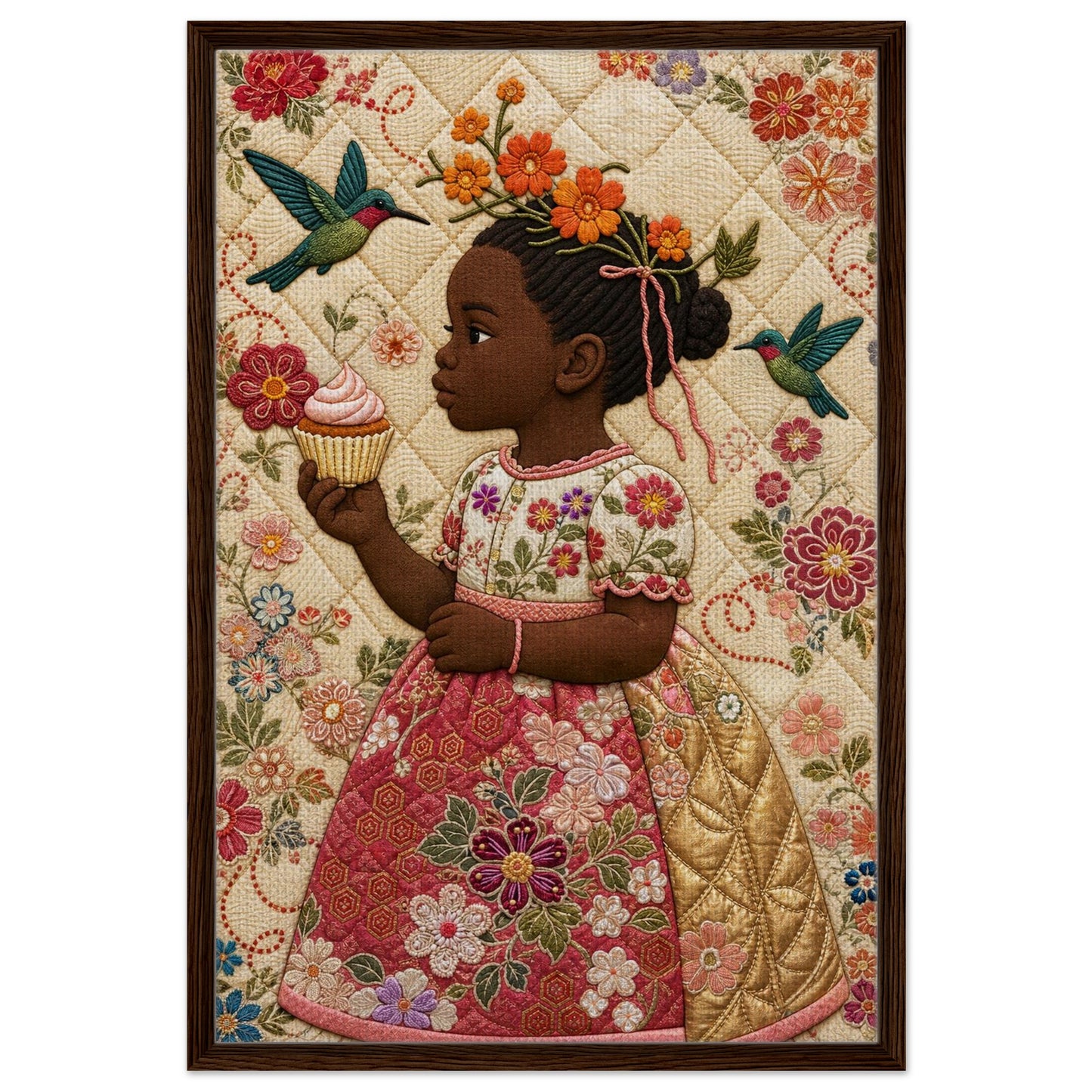 Quilted-look floral portrait of a Black girl with hummingbird, canvas-texture folk art poster, vertical.
