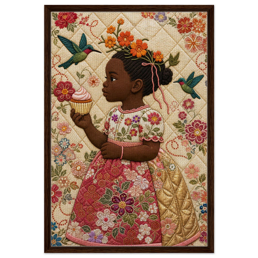 Quilted-look floral portrait of a Black girl with hummingbird, canvas-texture folk art poster, vertical.