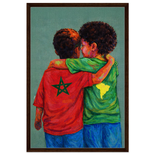 Framed canvas print, Holding Through Difference: expressionist portrait of children embracing in black wood frame