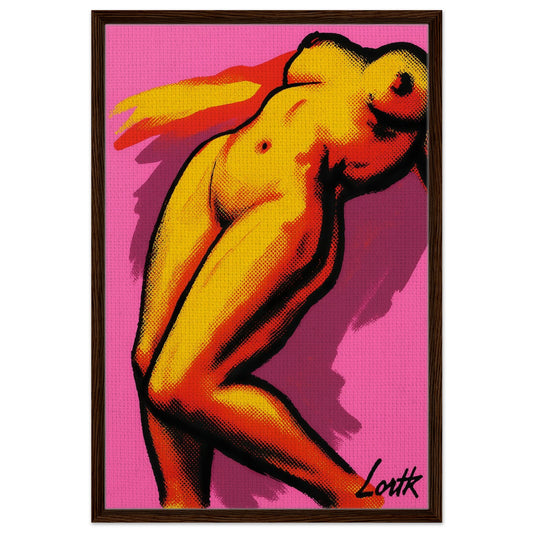 Bold pop goddess framed canvas, halftone portrait on vivid pink, textured print in a dark wood frame, portrait orientation