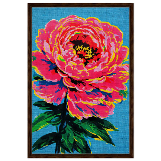 Joy in full colour framed canvas with bold pink peony on turquoise, portrait orientation, dark wood frame, pop-art floral.