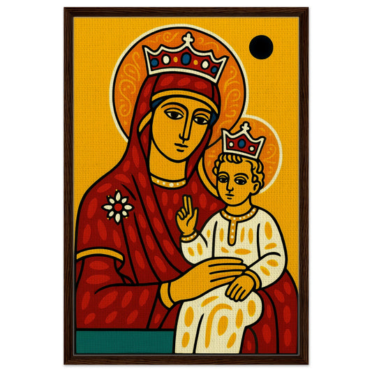 Holy presence framed canvas pop-art of Madonna and Child in Byzantine icon style with gold halos, black wood frame