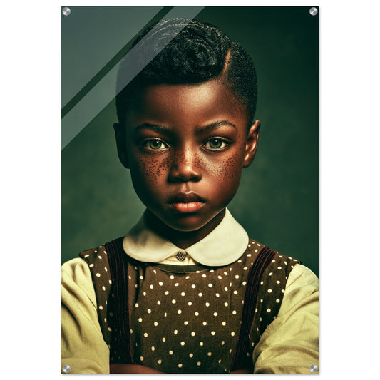Afrocentric acrylic wall art print of a Black girl with natural hair, freckles, and a polka dot dress