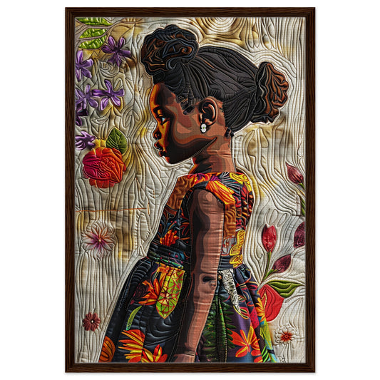 Whispers of Woven Dreams framed canvas, quilt-inspired Black girl portrait with floral motifs, stitched texture, wood frame