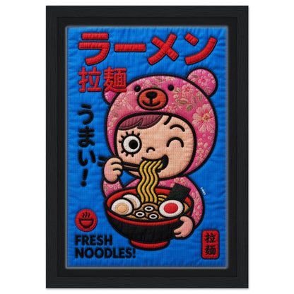 Kawaii Ramen Bear Framed Canvas Quilt-Inspired Pop-Art