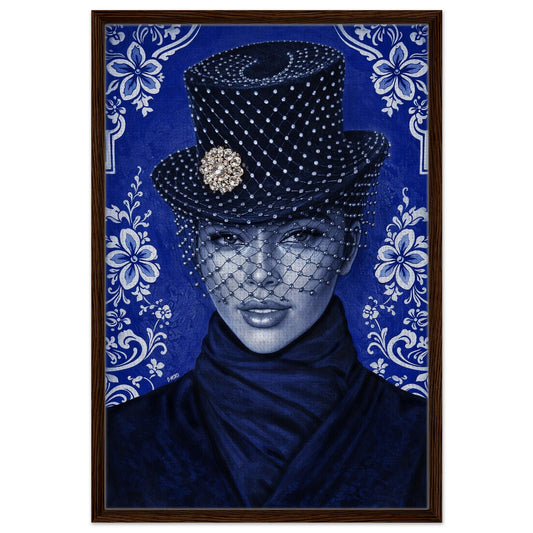 Midnight Elegance contemporary framed canvas portrait of a veiled woman in midnight-blue with a black wood frame.