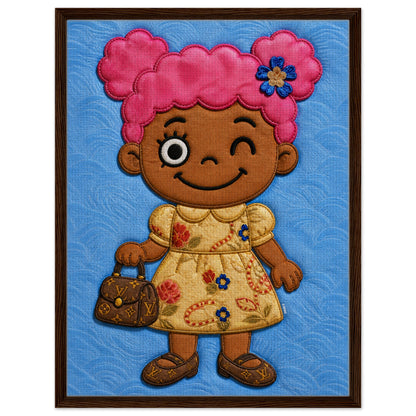 Pink Pigtails Framed Canvas Quilted-Style Kawaii-Style - Pop Art