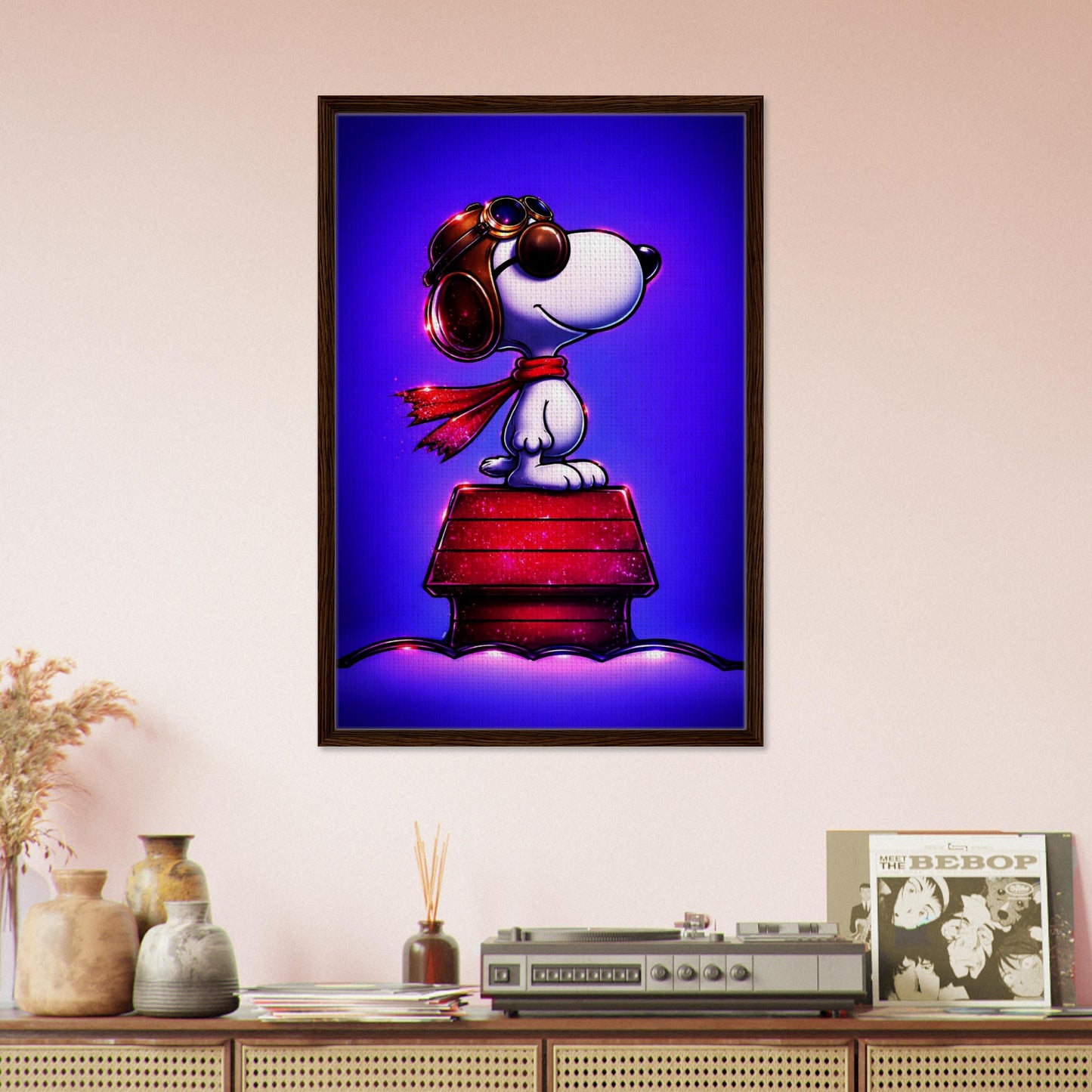 Aviator Dog Framed Canvas Neon Pop-Art - Mid-Century Comic-Strip Style