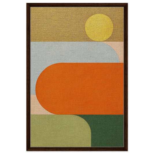 Mid-century colour harmony framed canvas with geometric blocks, sun motif, black frame in orange, green, blue, yellow