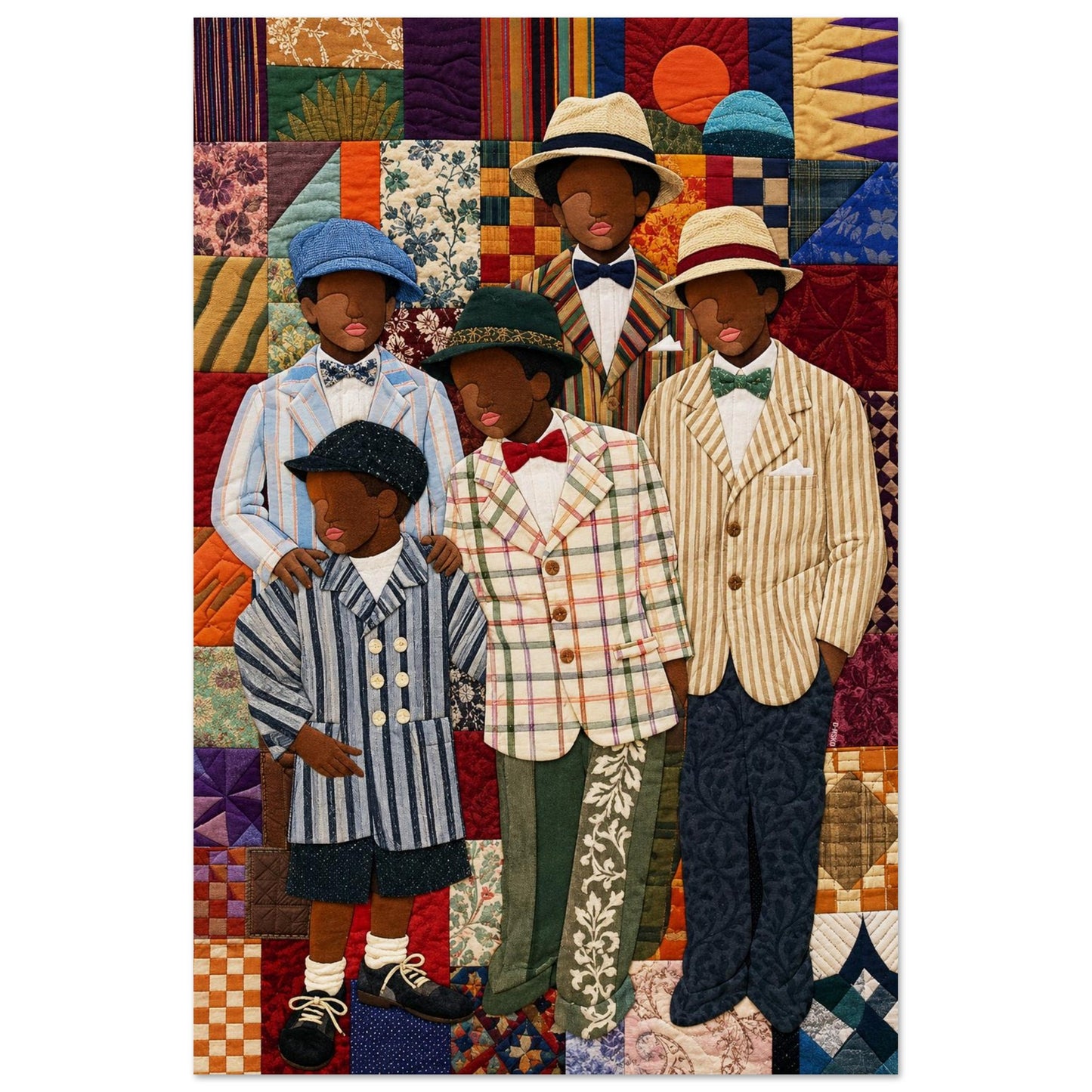 Two dapper Black boys portrait, Bisa Butler inspired quilt print on matte paper, vertical unframed poster