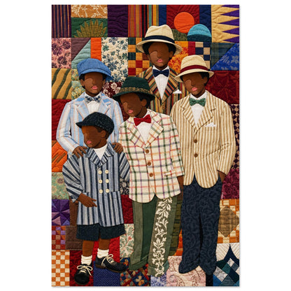 Two dapper Black boys portrait, Bisa Butler inspired quilt print on matte paper, vertical unframed poster