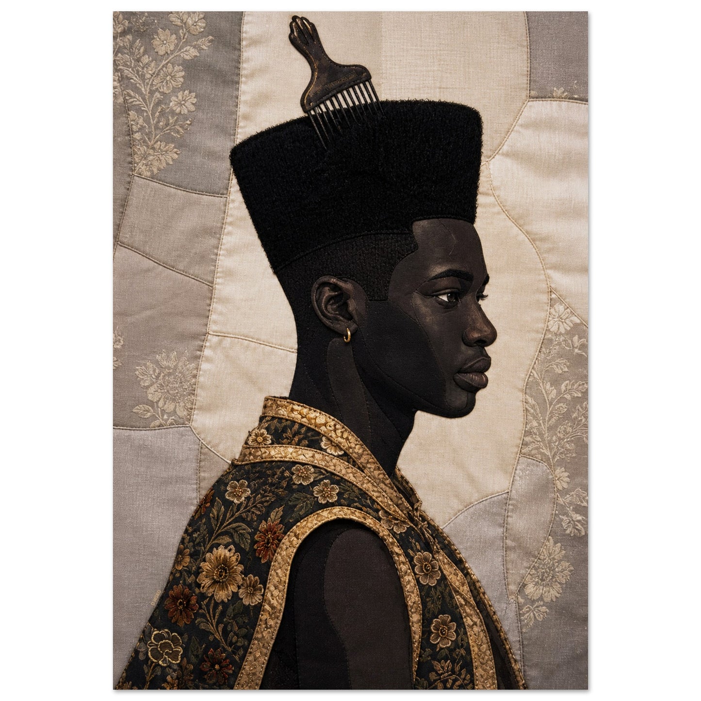 Black Man Afro Quilt Motif Matte Paper Poster in Bisa Butler Style