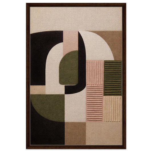 Blush and stone geometric abstract, textured framed canvas in portrait orientation with a dark wood frame