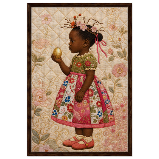 Framed canvas wall art of a Black girl holding a golden egg, quilt-inspired floral portrait in beige tones, vertical.