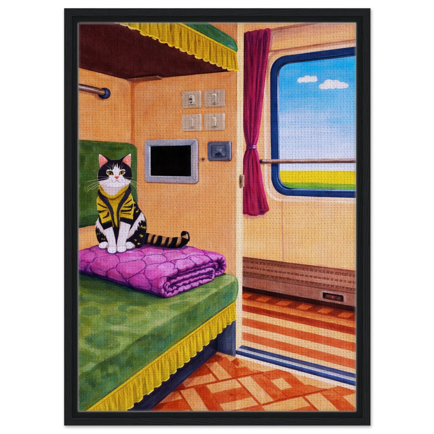 Cat on Train Framed Canvas Retro-Whimsical - Mid-Century Style