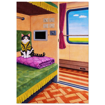 Cat on Train Matte Paper Poster Pop-Art - Mid-Century Travel