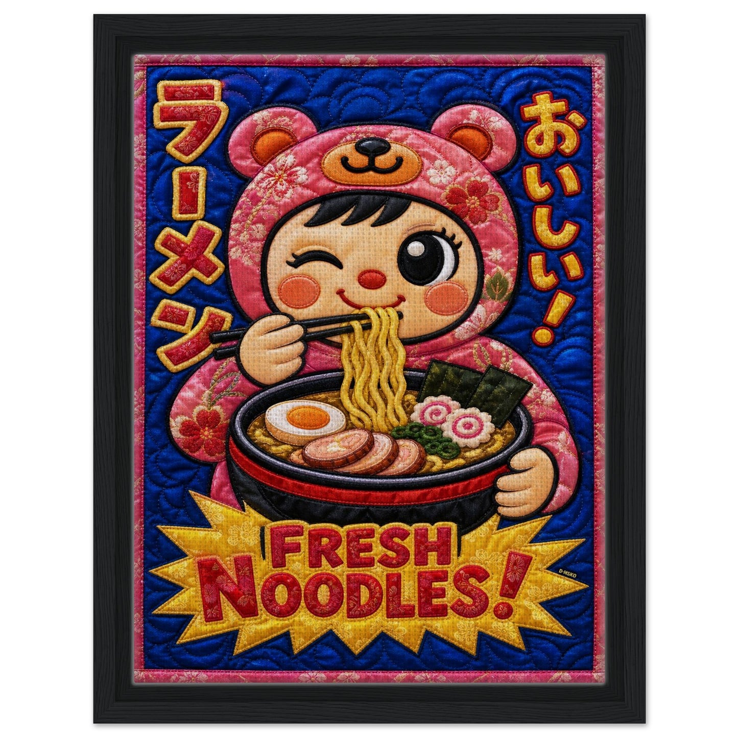 Fresh Noodles Framed Canvas Quilt-Inspired Kawaii-Style