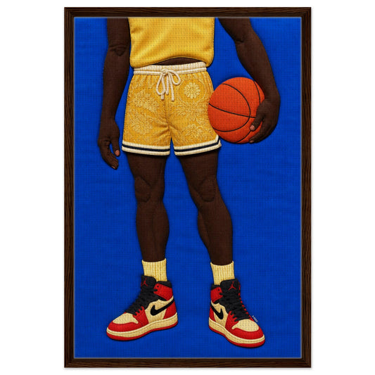 Framed canvas, Afrocentric quilt-inspired basketball art with yellow jersey, sneakers, floral shorts on a blue background.
