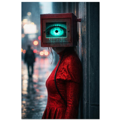 Matte paper poster featuring a neon turquoise cyberpunk eye in a rusty monitor helm, vertical, unframed.