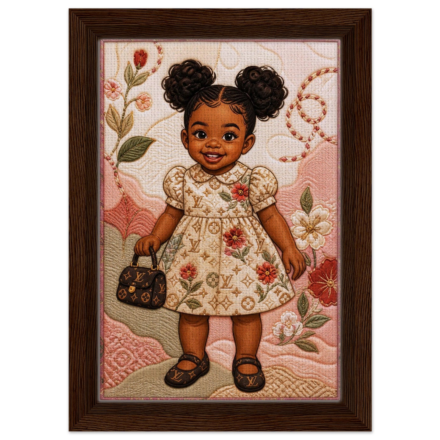 Little Luxe Black Girl Framed Canvas Quilted-Style Textile-Inspired
