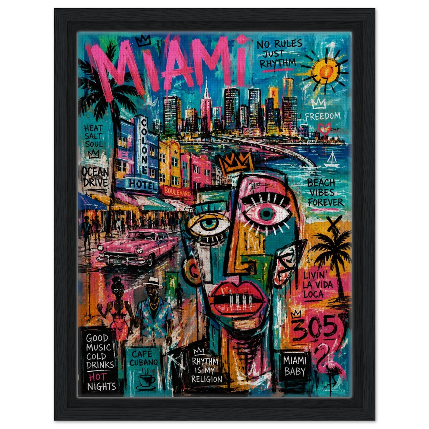 Miami Rhythm 305 Framed Canvas Neon-Graffiti Urban-Pop - Neo-Pop Style