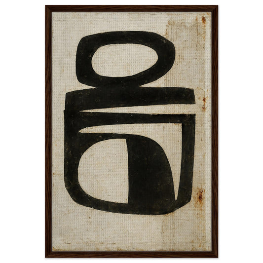 Mid-century modern black mark framed canvas on beige ground, portrait, rustic black wood frame