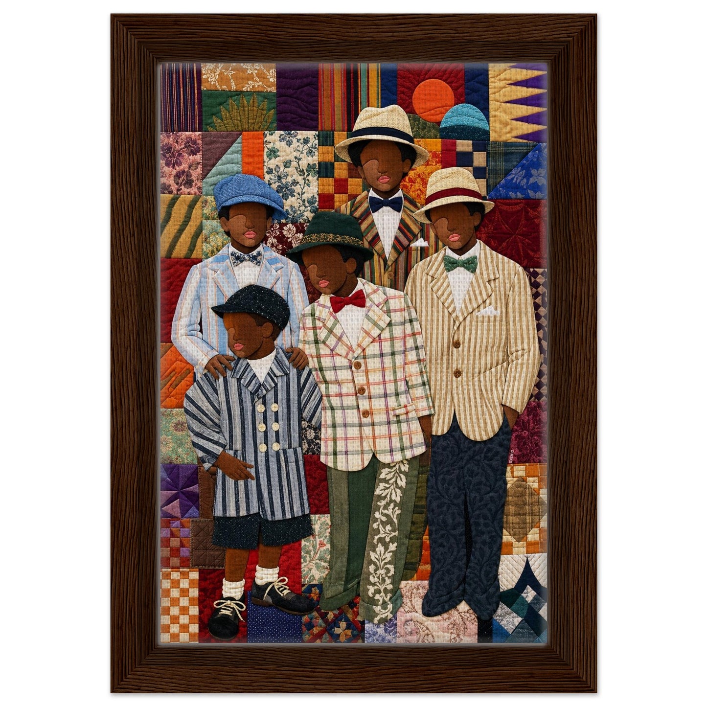 Framed Canvas, Dapper Brothers Black Boys Wall Art, Quilted-Style Vintage canvas